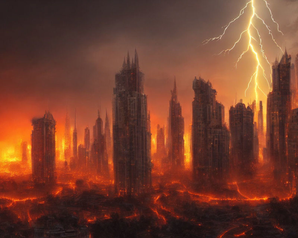 Dark dystopian cityscape with fiery lava streams under stormy sky