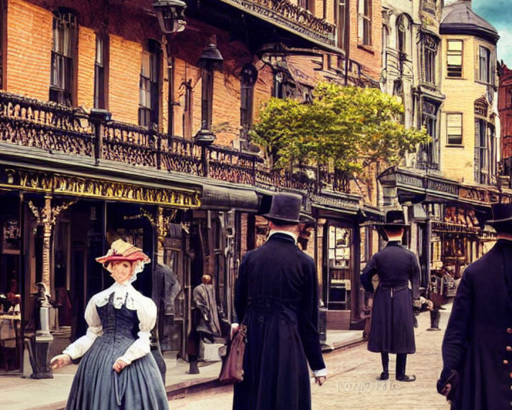 Vintage Street Scene with People in Period Clothing