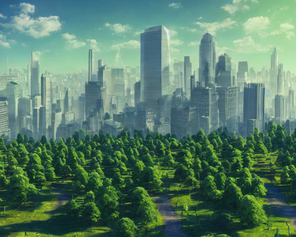 Futuristic cityscape integrated with lush green forest under clear sky