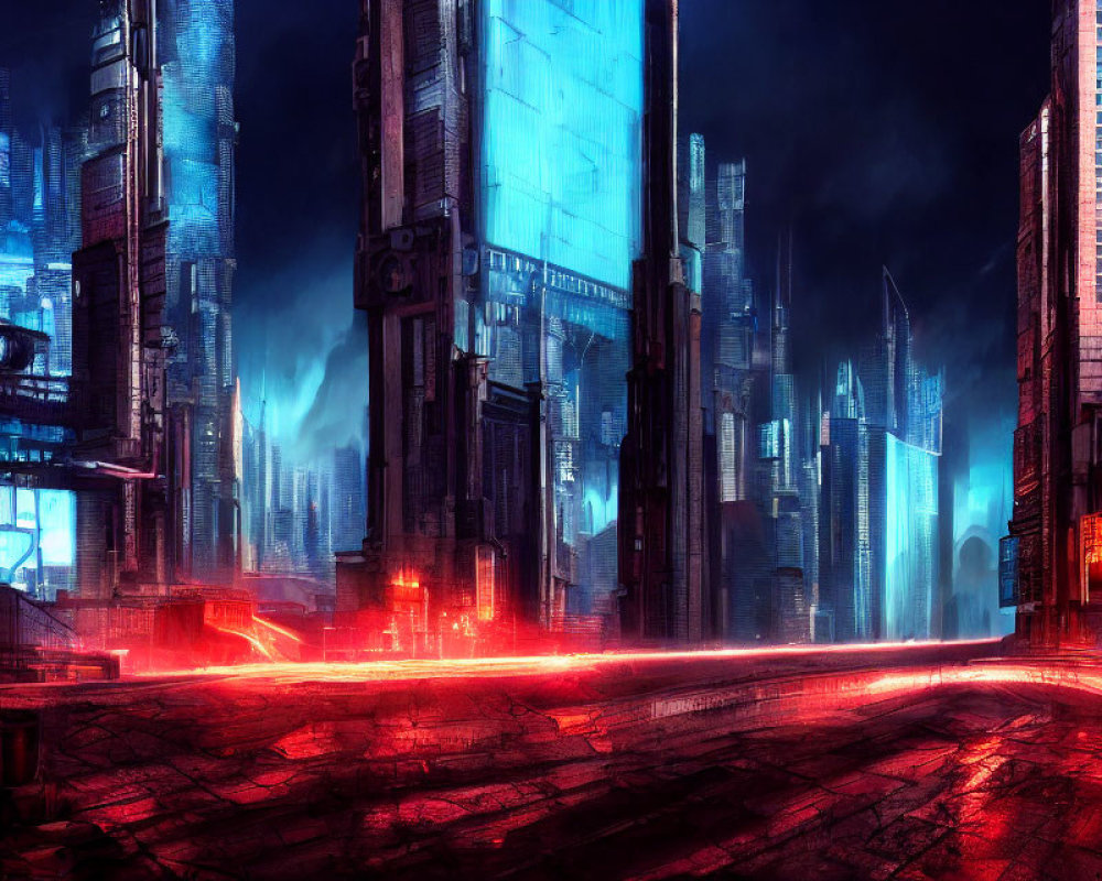 Futuristic neon-lit cityscape with glowing skyscrapers at night