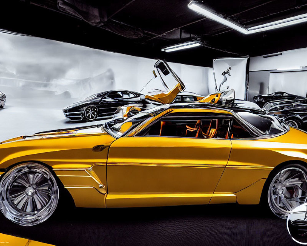 Golden sports car with gull-wing doors in gallery setting.