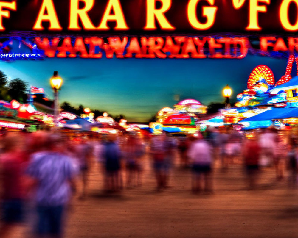Colorful fairground scene at dusk with neon lights and moving rides