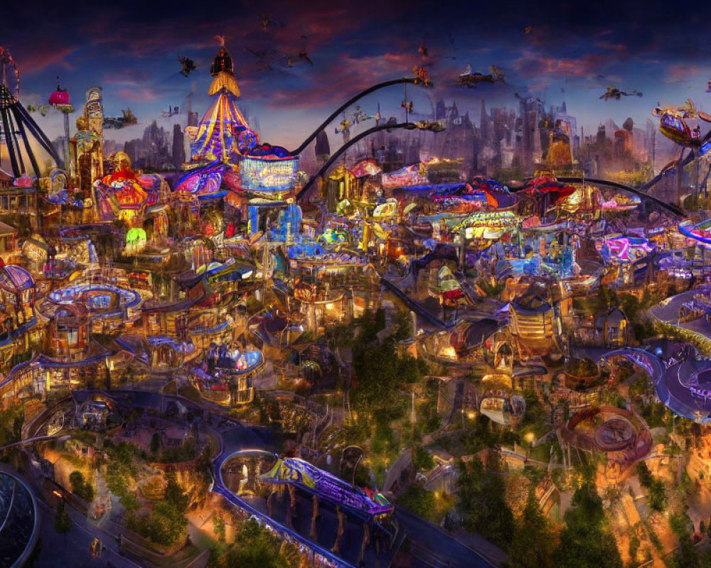 Colorful Nighttime Amusement Park with Brightly Lit Rides