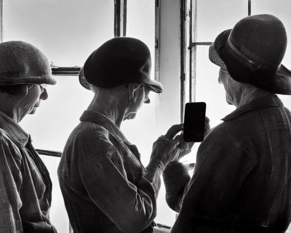 Three elderly people in hats and tweed jackets viewing smartphone in monochrome.