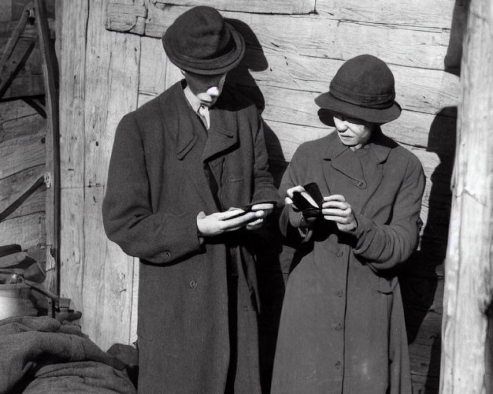 Vintage Attired Individuals Examining Booklets Near Wooden Structure