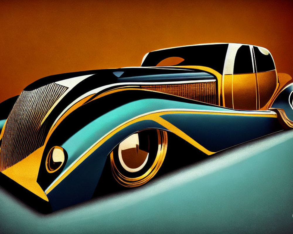 Stylized digital artwork of classic car in black, orange, and blue hues