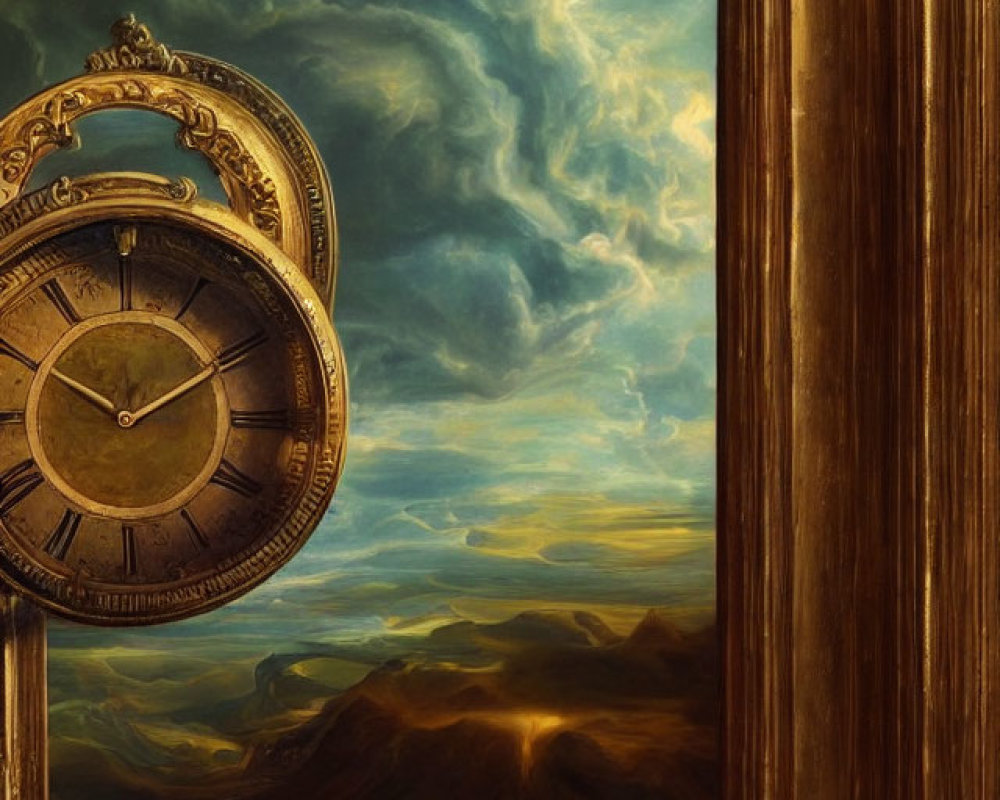 Surreal artwork: melting clock over dramatic landscape