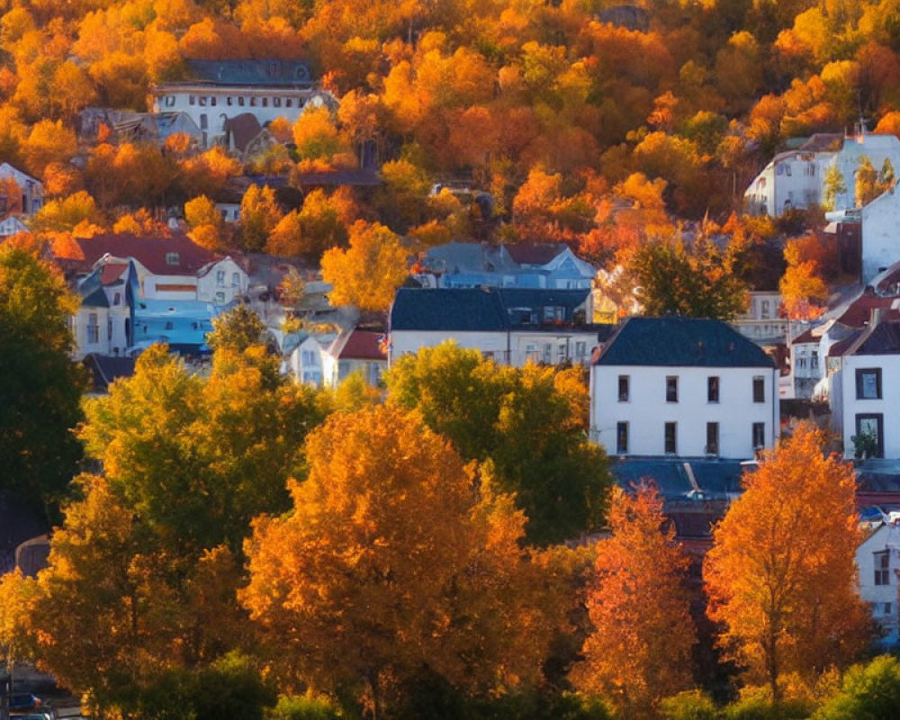 Vibrant autumn scene: picturesque town with orange and yellow trees against white and grey buildings