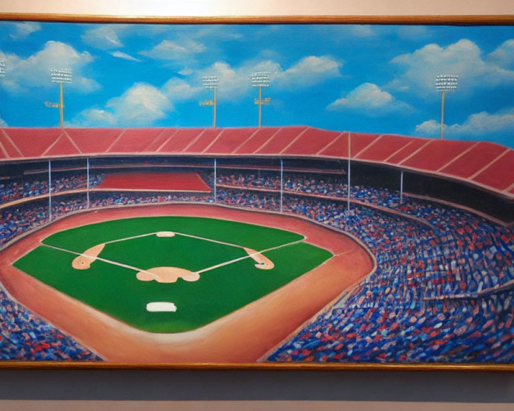 Colorful Baseball Stadium Painting with Spectators and Clear Sky