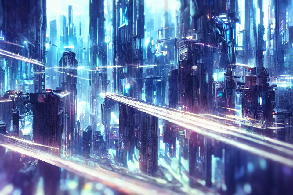 Futuristic cyberpunk cityscape: neon lights, skyscrapers, traffic.