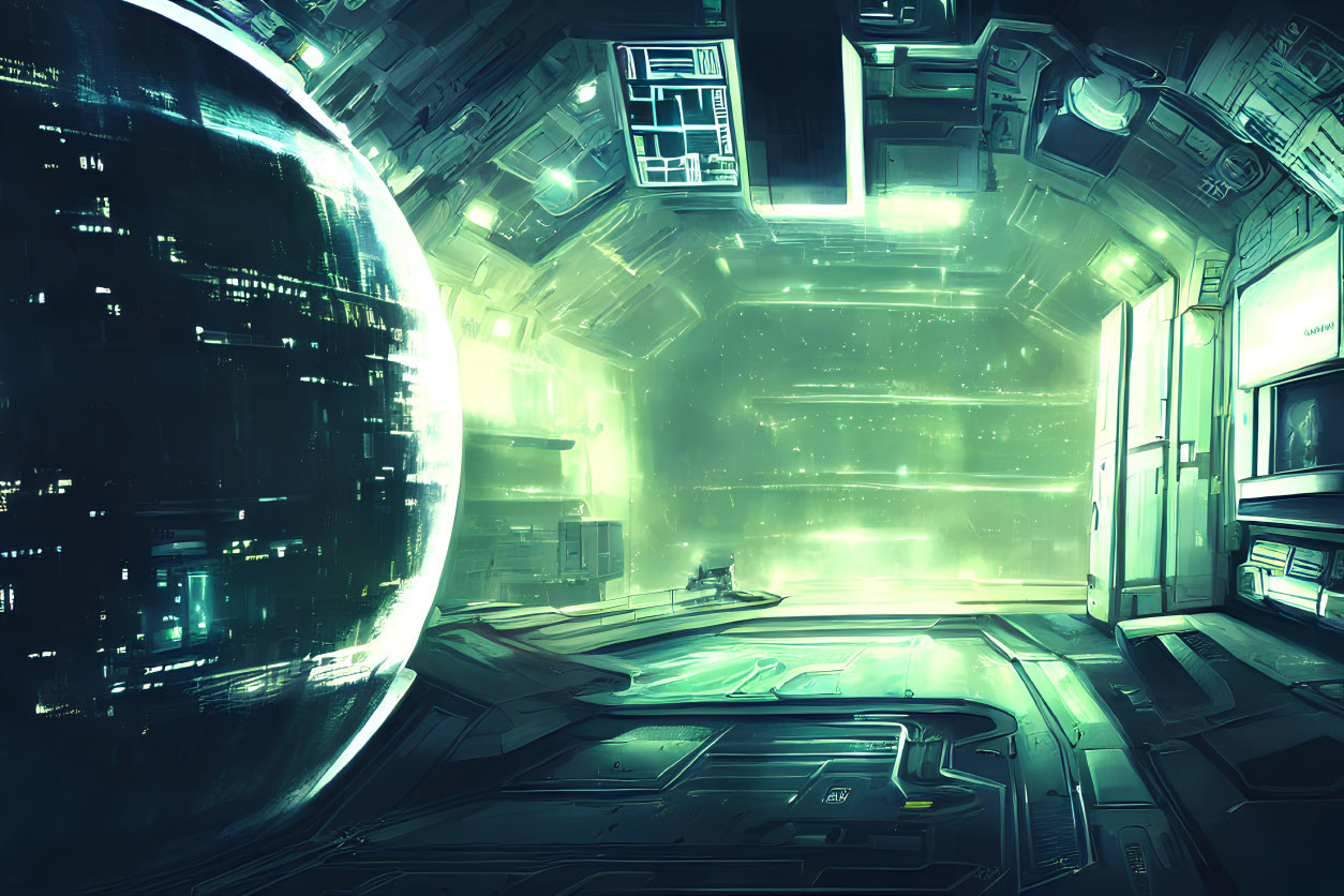 Futuristic Spaceship Interior with Large View Window and Blue Lights