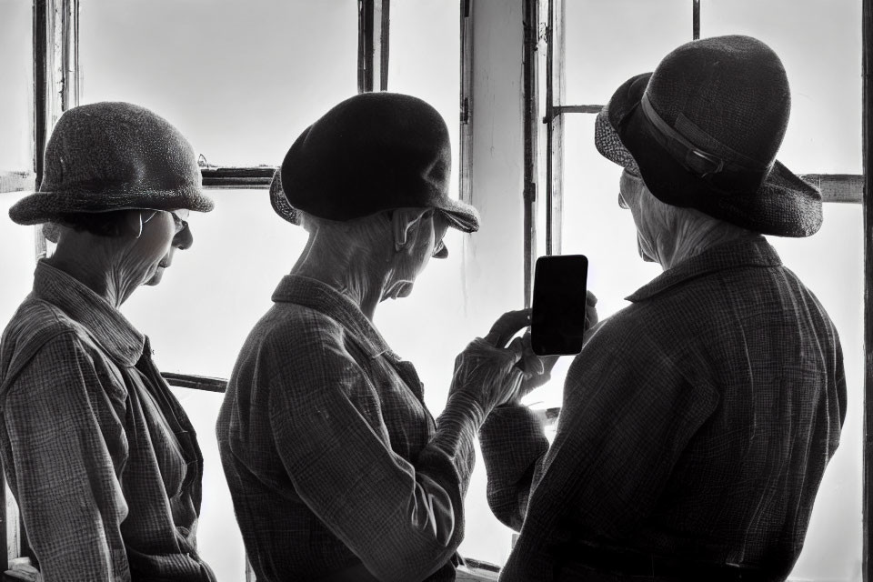 Three elderly people in hats and tweed jackets viewing smartphone in monochrome.
