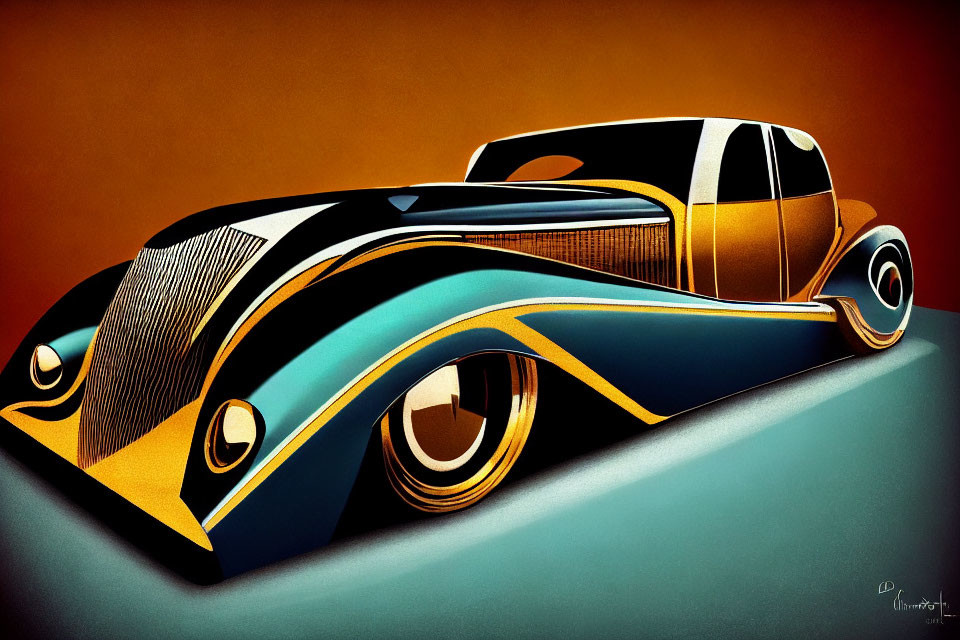 Stylized digital artwork of classic car in black, orange, and blue hues