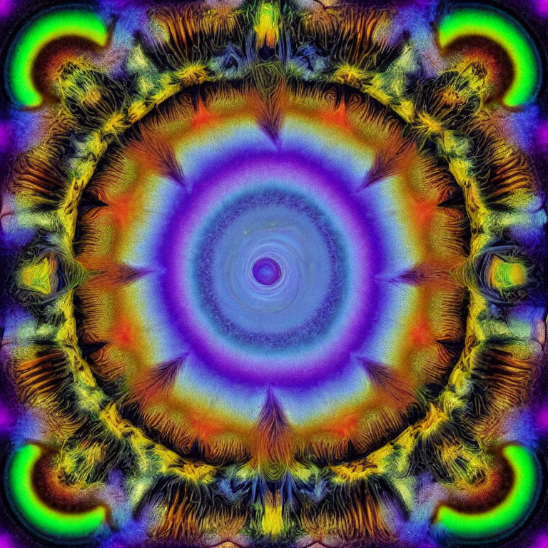 Symmetrical fractal pattern with central eye design in vibrant purple to green colors