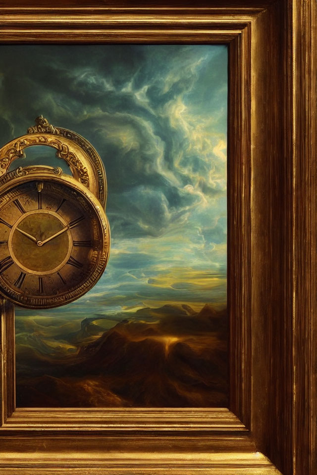 Surreal artwork: melting clock over dramatic landscape