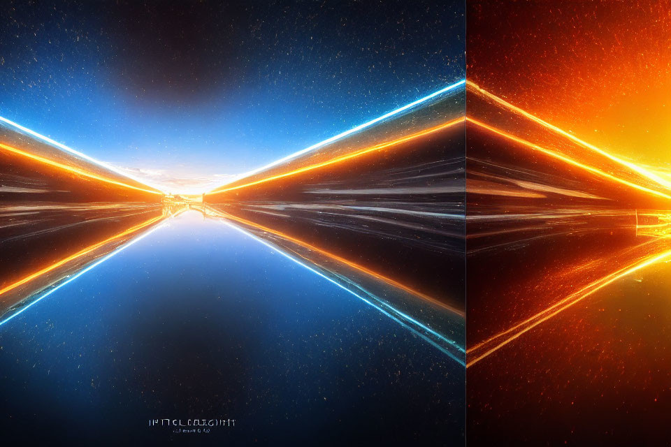 Symmetrical digital artwork with central light source, blue and orange hues, reflected on water.