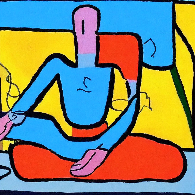Vibrant abstract art: stylized figure in meditative pose with large hands on yellow and blue