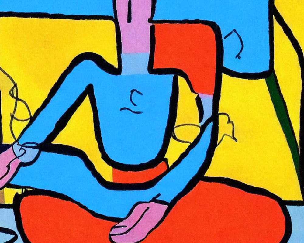 Vibrant abstract art: stylized figure in meditative pose with large hands on yellow and blue