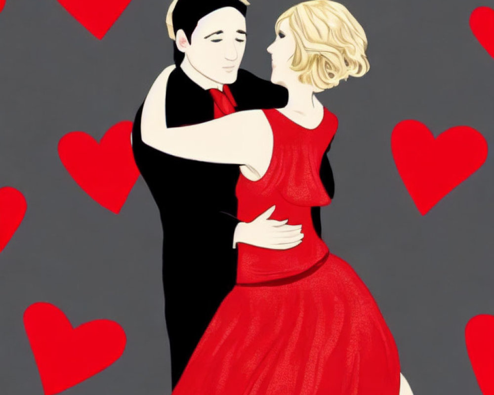Couple Dancing Closely in Suit and Red Dress Surrounded by Red Hearts on Grey Background