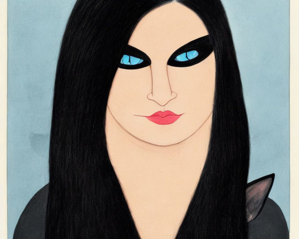 Simplistic bold illustration of person with long black hair and striking blue cat-eye makeup