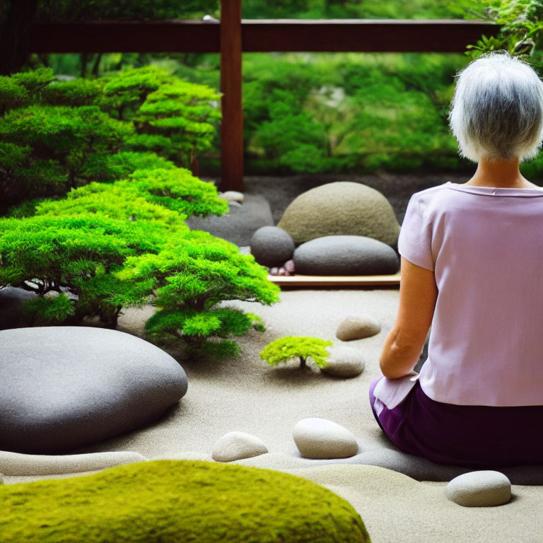 Short-haired person in serene Japanese garden with moss and rocks