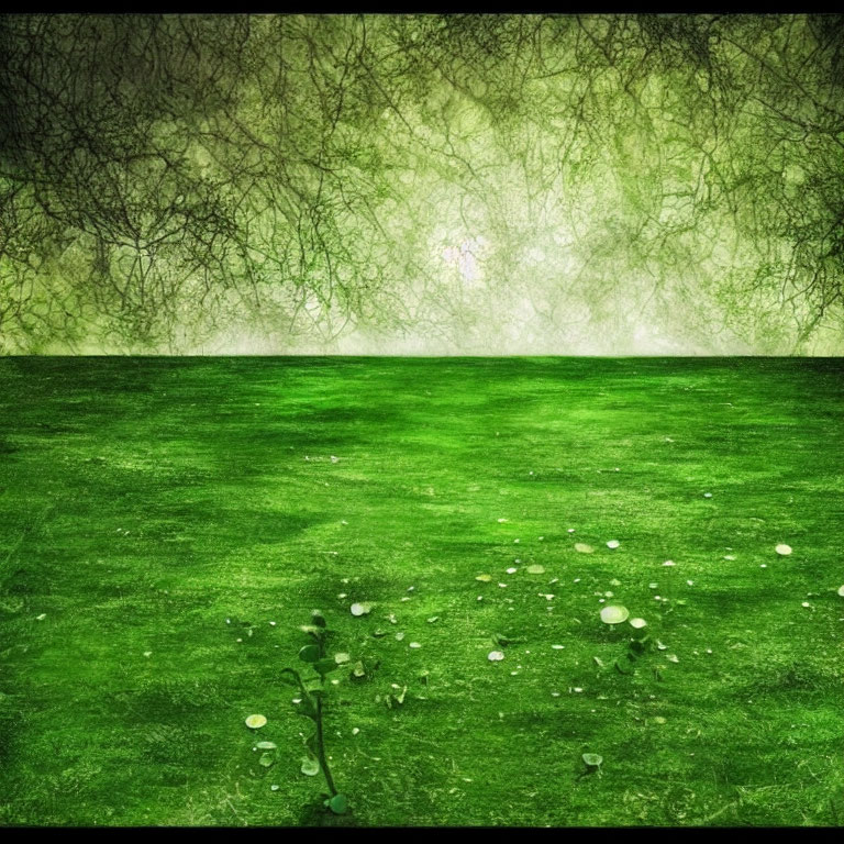 Lush grassy field with misty tree branches in greenish haze
