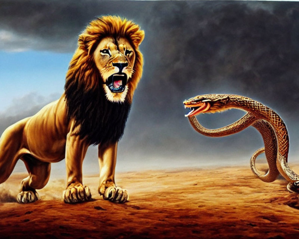 Wild lion and cobra face off under stormy sky in desolate landscape