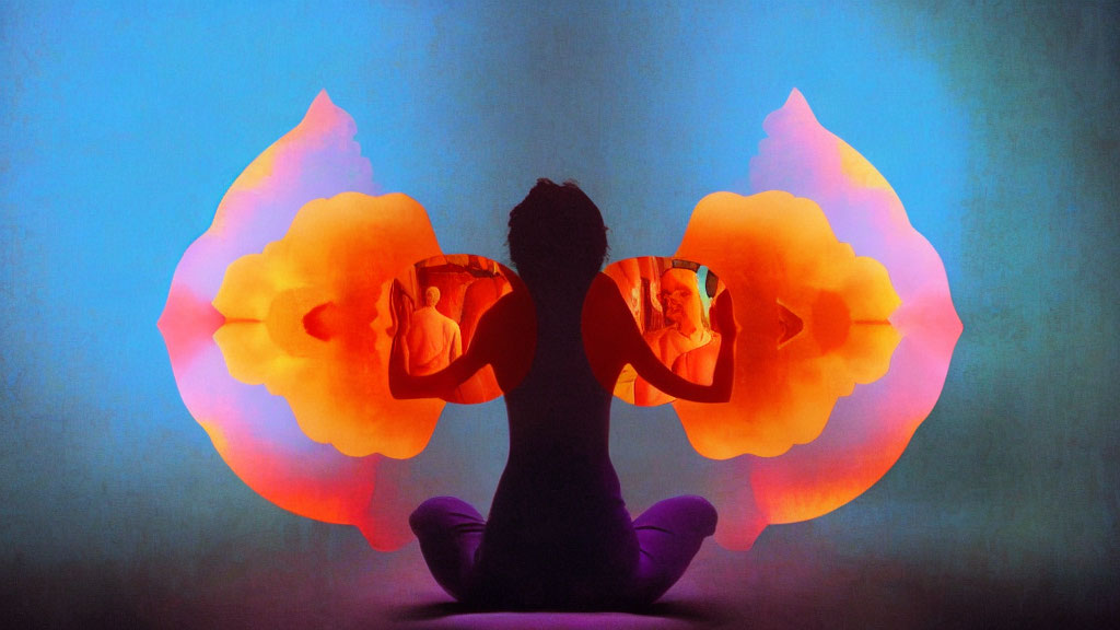 Person meditates with fiery wings, smaller figures symbolize self-reflection