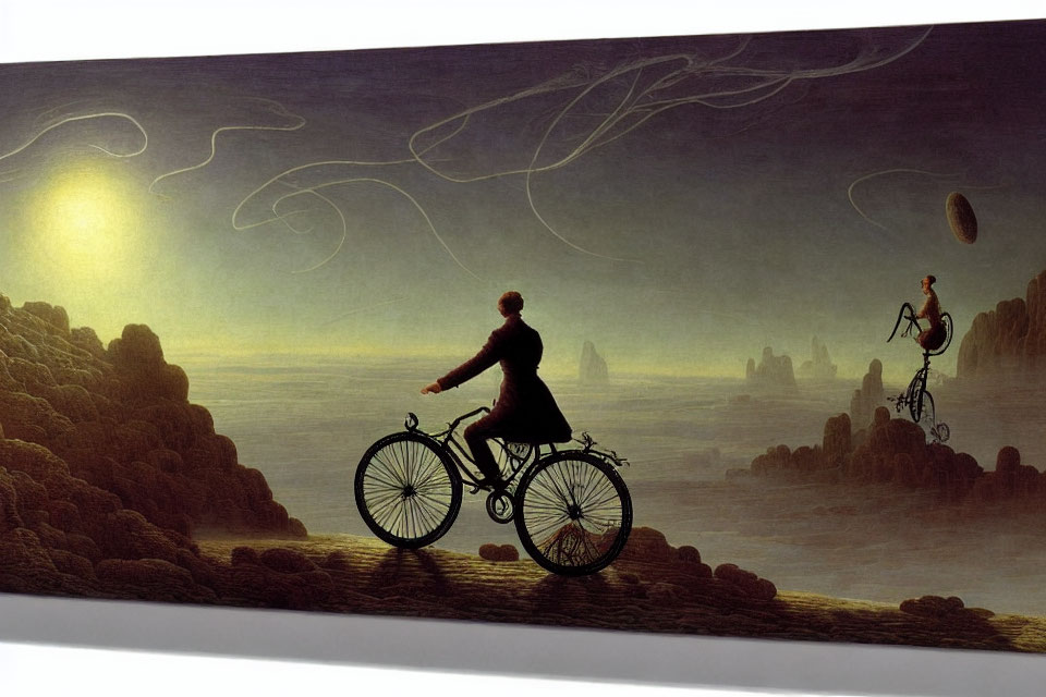 Surreal painting: Cyclists on floating rocks under glowing sun
