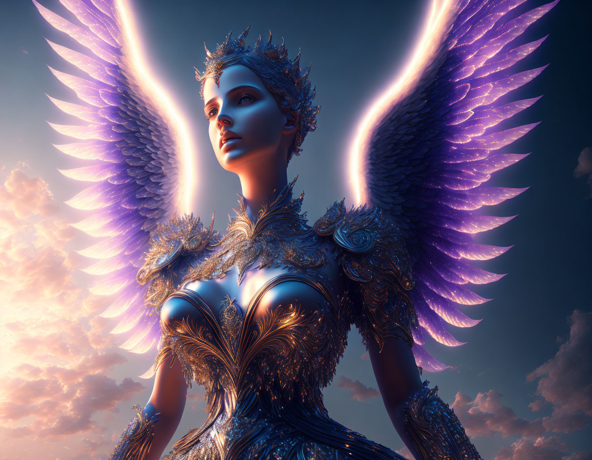 Majestic winged female figure in ornate armor against dramatic sky