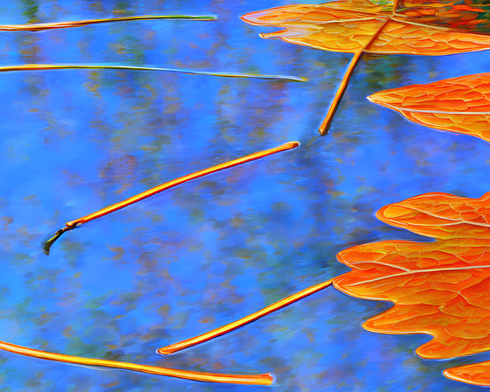 Orange Leaves Floating on Calm Blue Water Surface