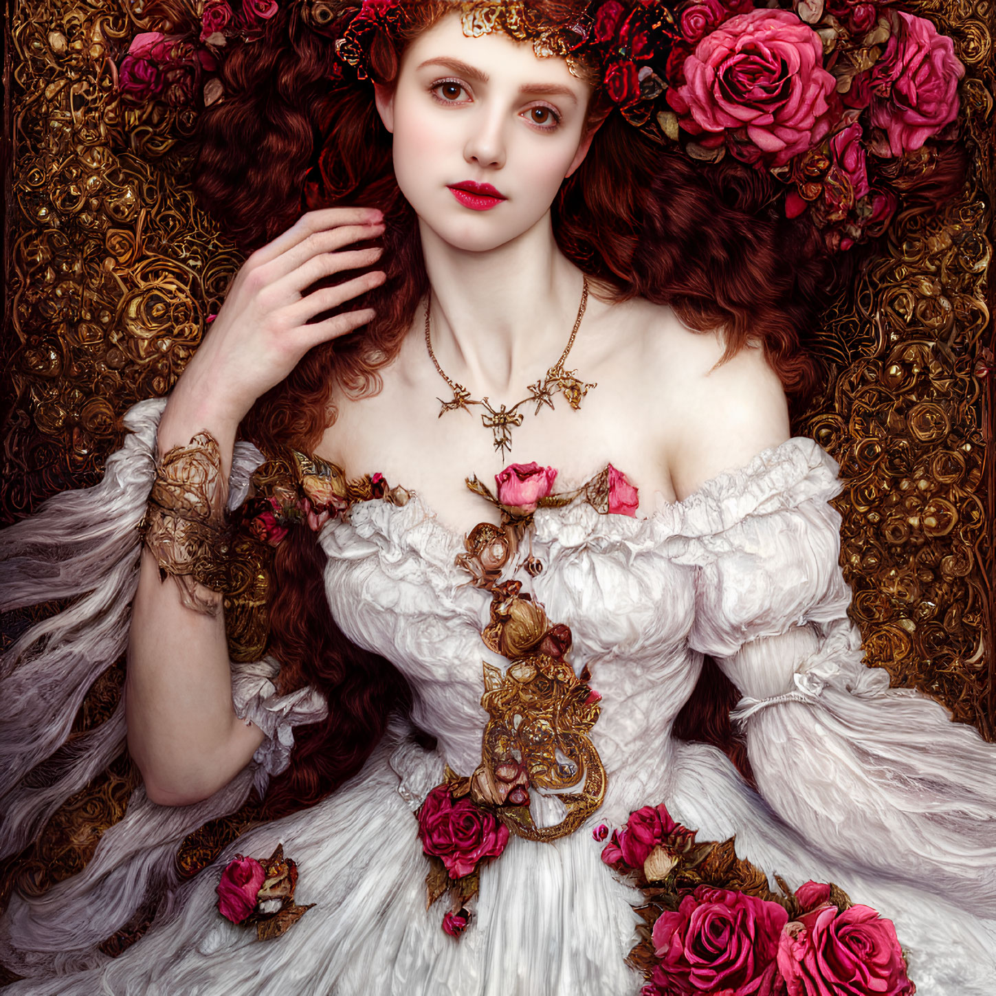 Red-haired woman in white dress with roses on golden background