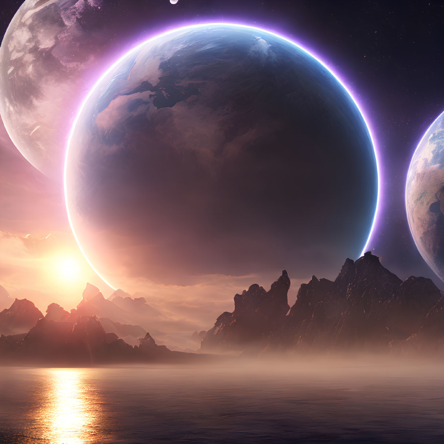 Surreal landscape with ocean, mountains, and celestial bodies