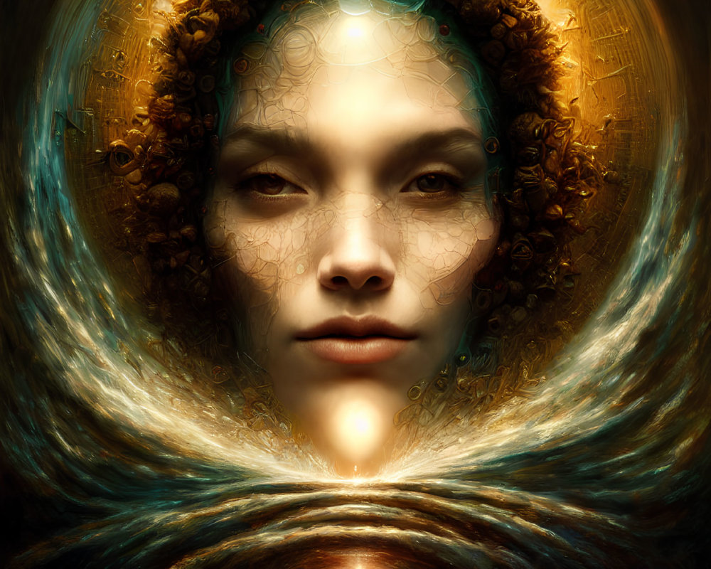 Intricate golden halo surrounds woman's face