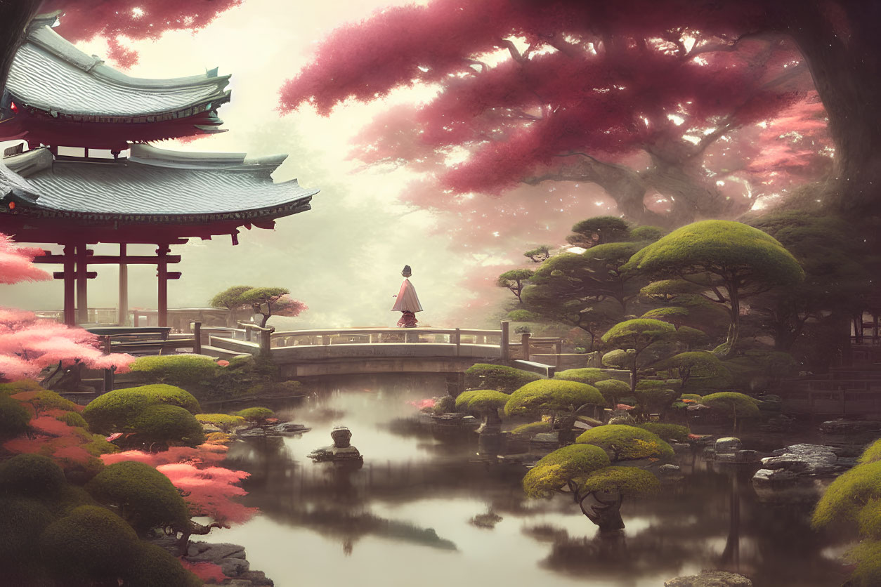 Japanese Garden with Pink Foliage, Bridge, and Pagodas in Misty Setting