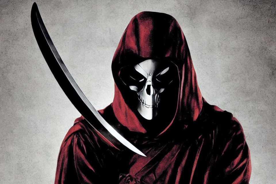 Figure in Red Hood with Skull Mask Wielding Scythe Blade