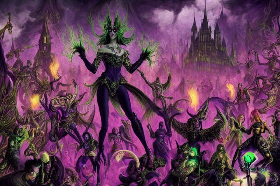 Mystical figure with green flames in hands rules over fantastical purple scene