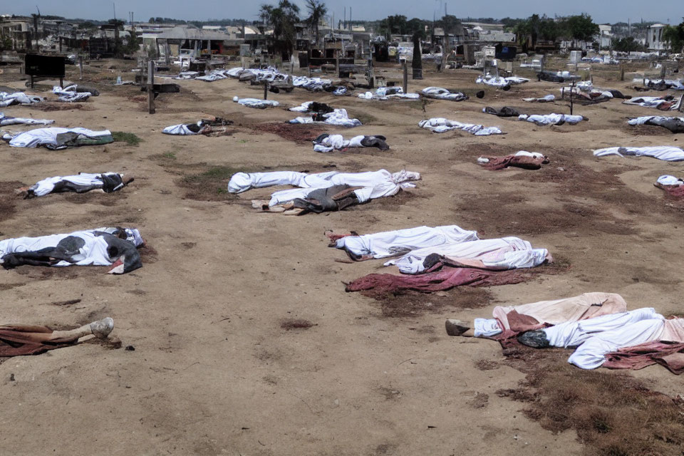 Rows of covered bodies in barren field hinting at mass casualty event.