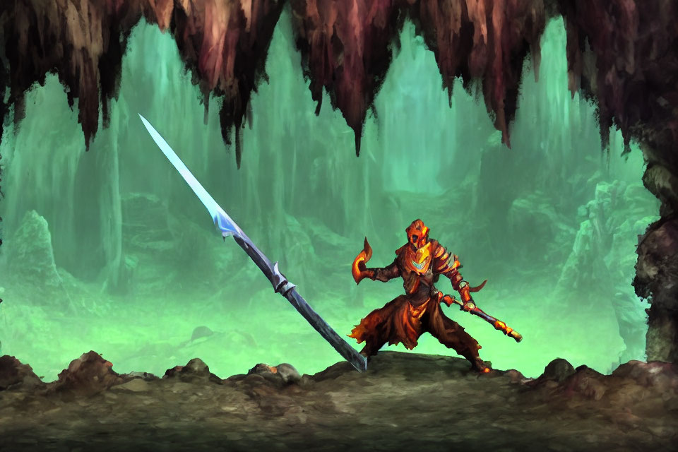 Orange-armored warrior with spear in cave with stalactites and green glow
