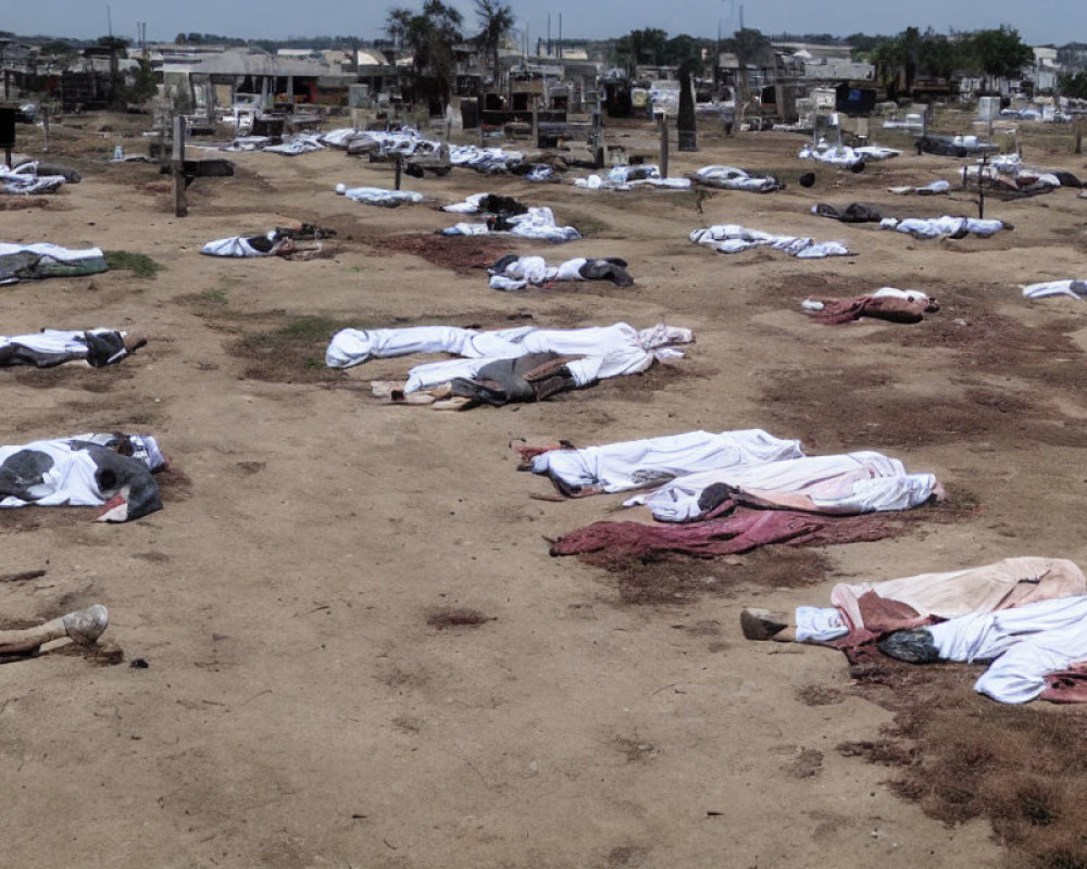 Rows of covered bodies in barren field hinting at mass casualty event.