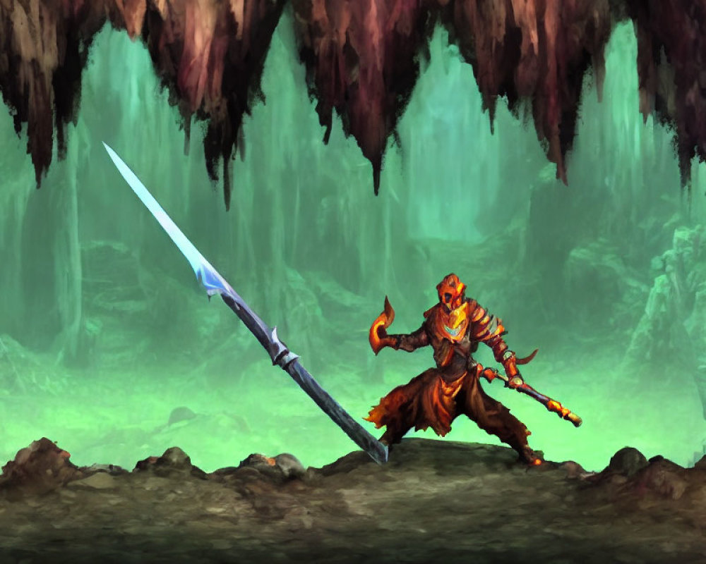 Orange-armored warrior with spear in cave with stalactites and green glow