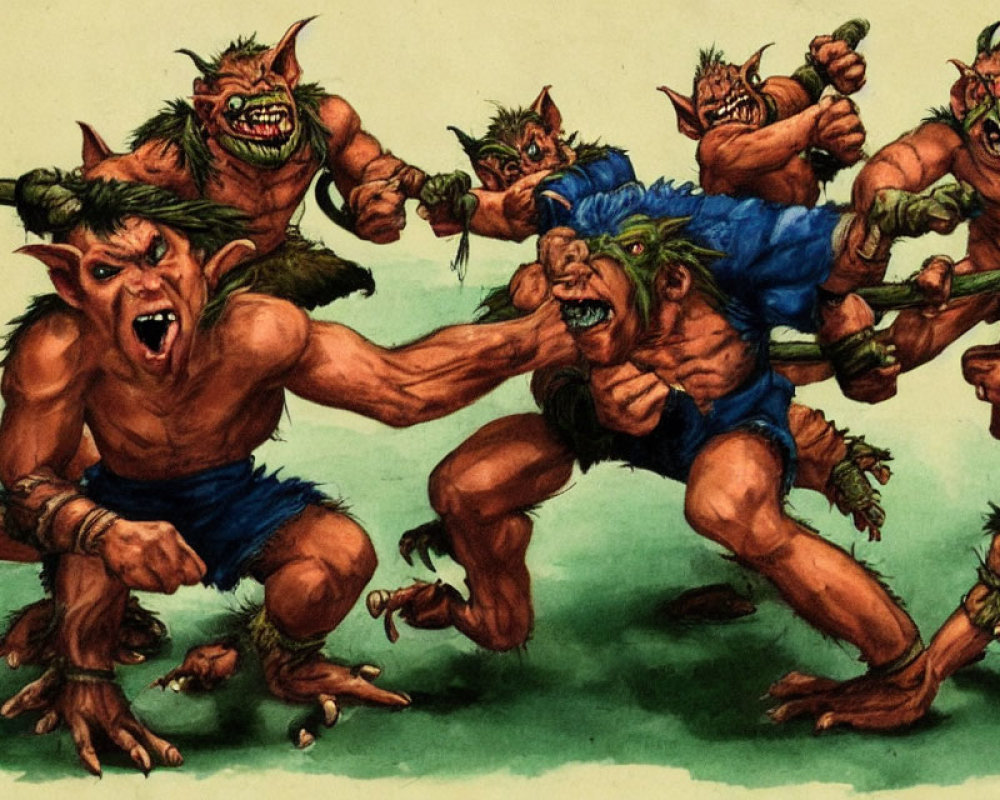 Group of fierce goblin-like creatures with pointy ears and sharp teeth charging forward with weapons.