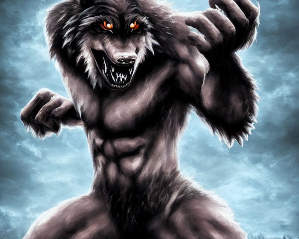 Menacing werewolf with glowing red eyes and bared fangs under stormy sky