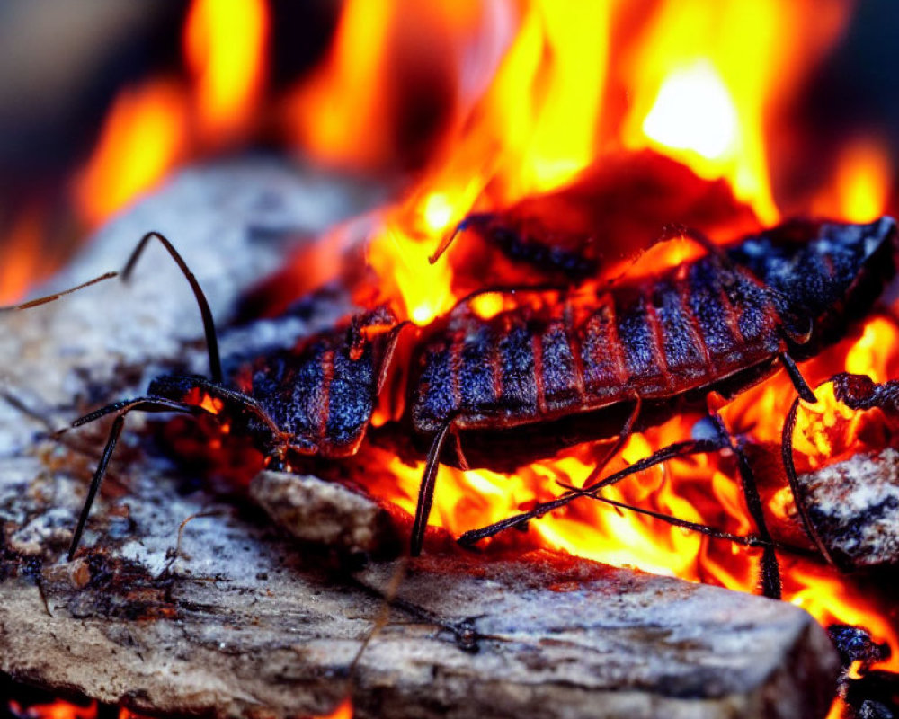 Close-Up Black Long-Horned Beetle on Charred Wood with Flames