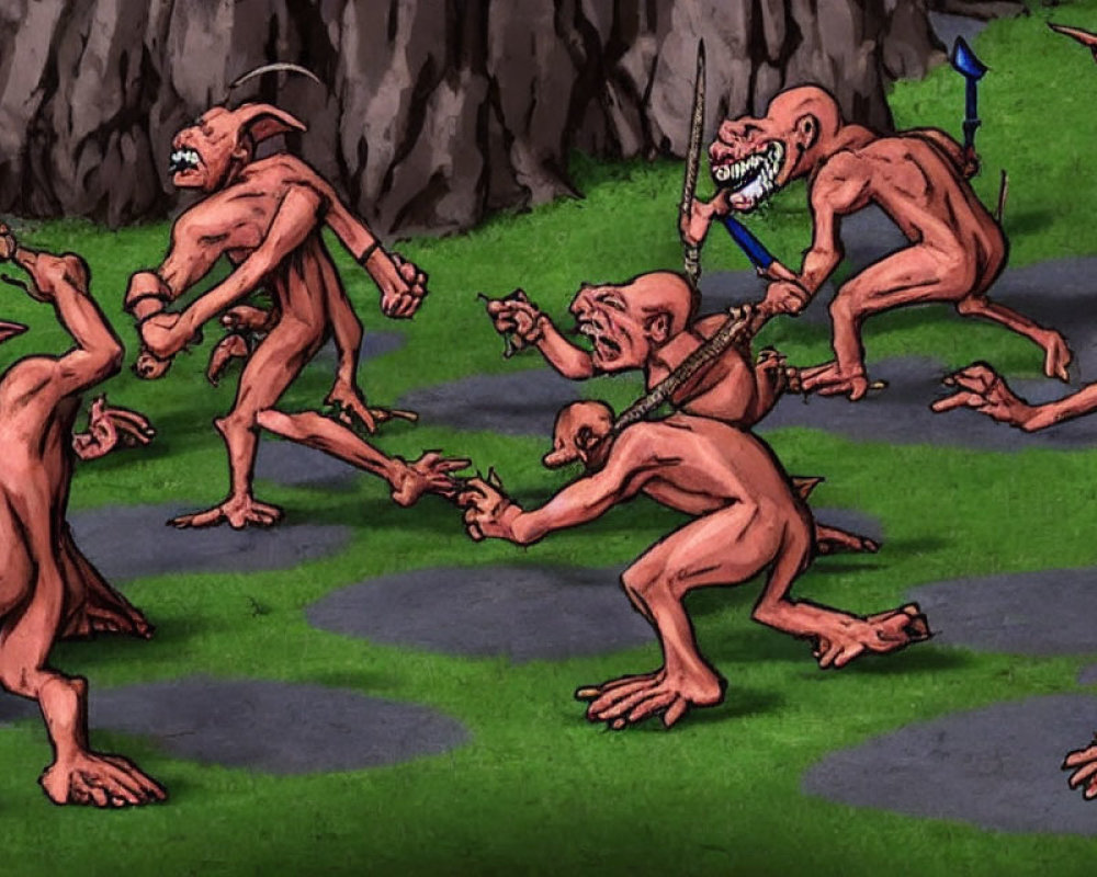 Grotesque humanoid creatures with fangs and weapons in dark rocky setting