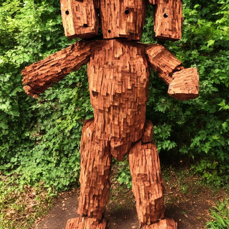 Wooden humanoid figure sculpture against green foliage