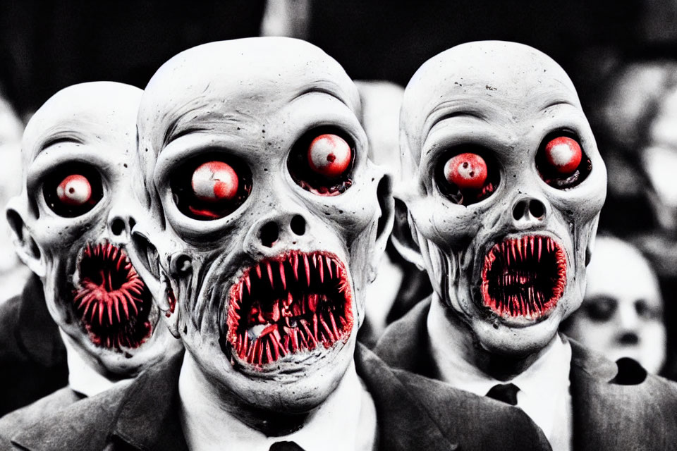 Three individuals in eerie skull masks with red eyes and open mouths on blurred backdrop.
