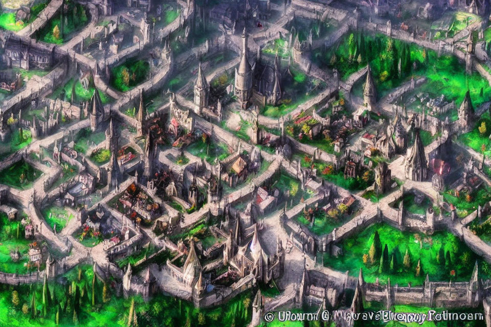Intricate Fantasy Cityscape with Castles and Towers