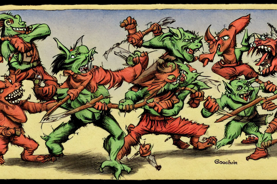 Cartoon goblins armed with clubs and spears in battle scene