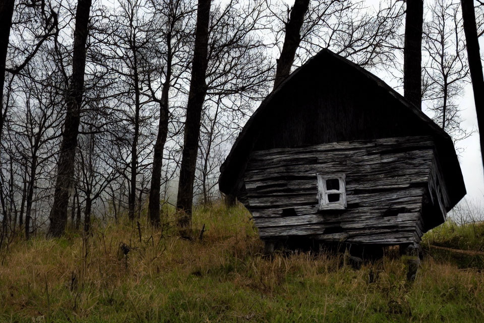 Dark wooden hut with sloped roof and white window amid bare trees and overcast sky